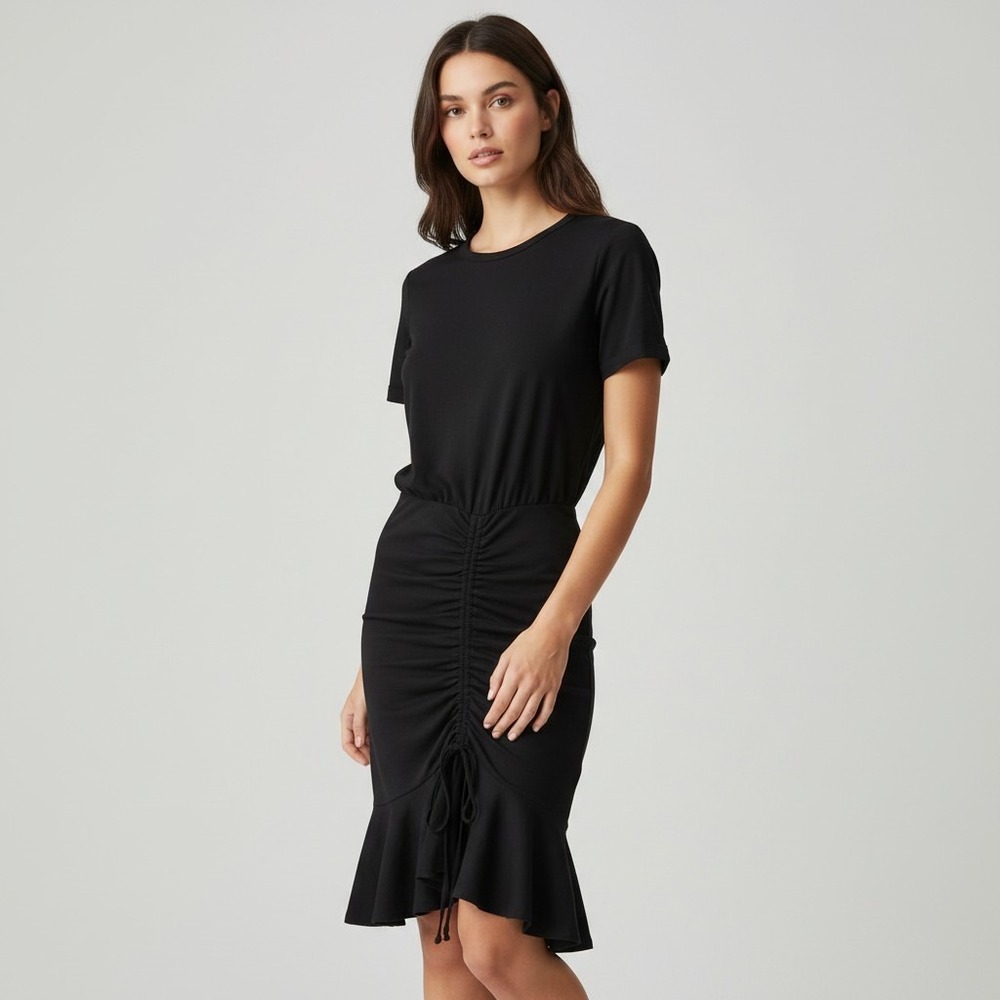 Veronica Beard Jeans Black Cotton Ruched Ruffle Hem T-Shirt Midi Dress Small